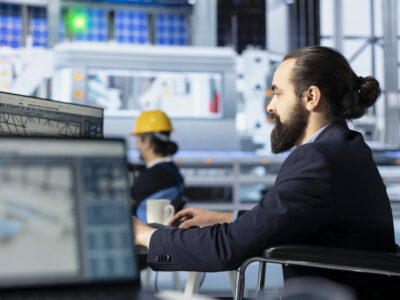 Photovoltaics factory engineer looking at PC screen, adjusting system parameters. Technician optimizing energy supply in solar panel manufacturing plant using computer monitor